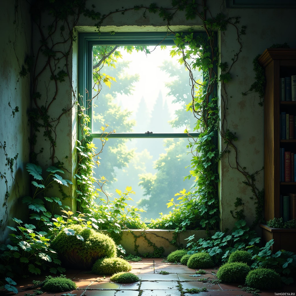 Спокойный домашний сад, утопающий в зелени, с солнечными лучами, льющимися из окна.