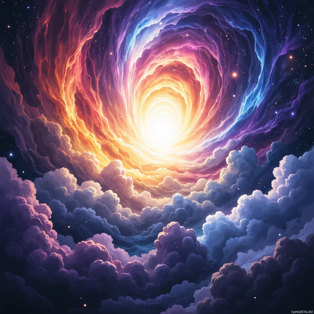 Яркая космическая сцена с закрученной галактикой, в центре которой сияет яркий свет, окружённая облаками и звездами.