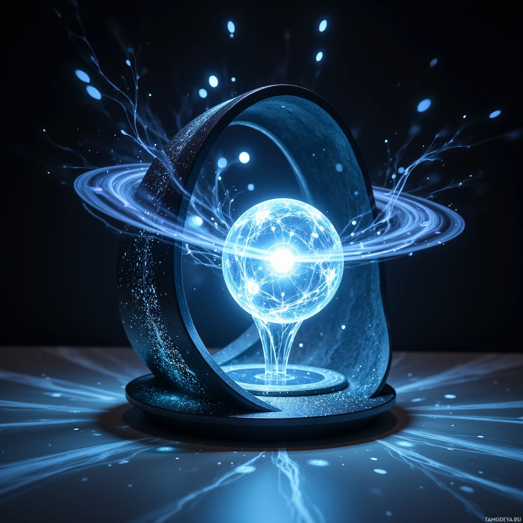 Сияющий голубой шар, украшенный сложными узорами и энергетическими кольцами, парит внутри тёмной круглой рамки на фоне звёздного неба.