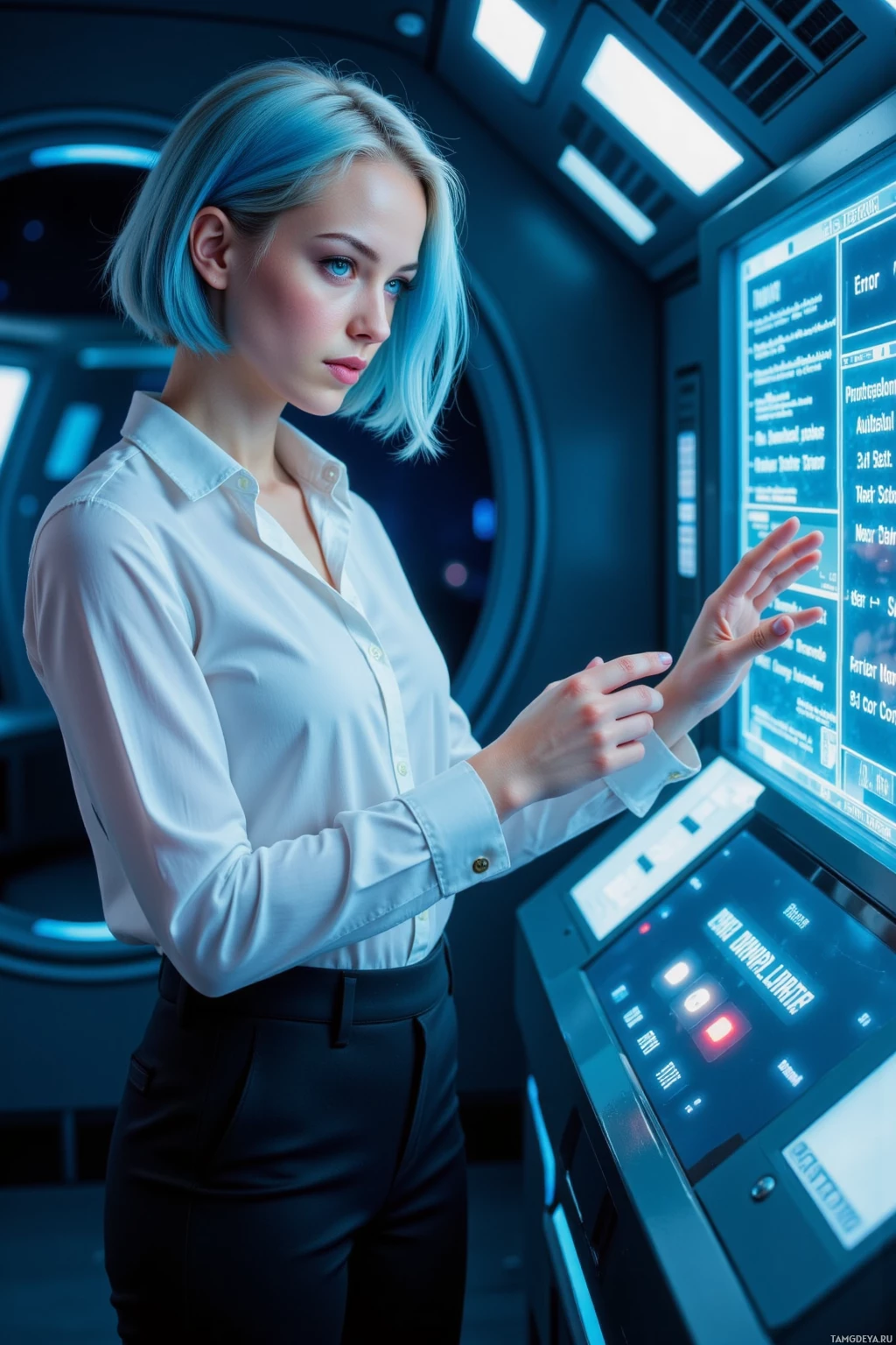 Женщина в белой рубашке и черных брюках взаимодействует с футуристичной панелью управления в полумраке.