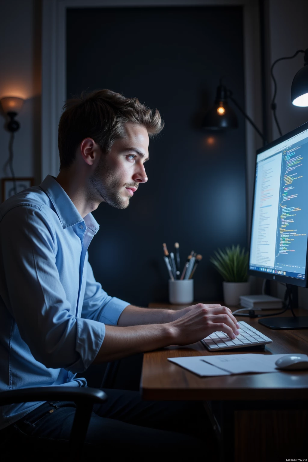 Мужчина работает за столом, сосредоточенно глядя на экран компьютера с кодом.