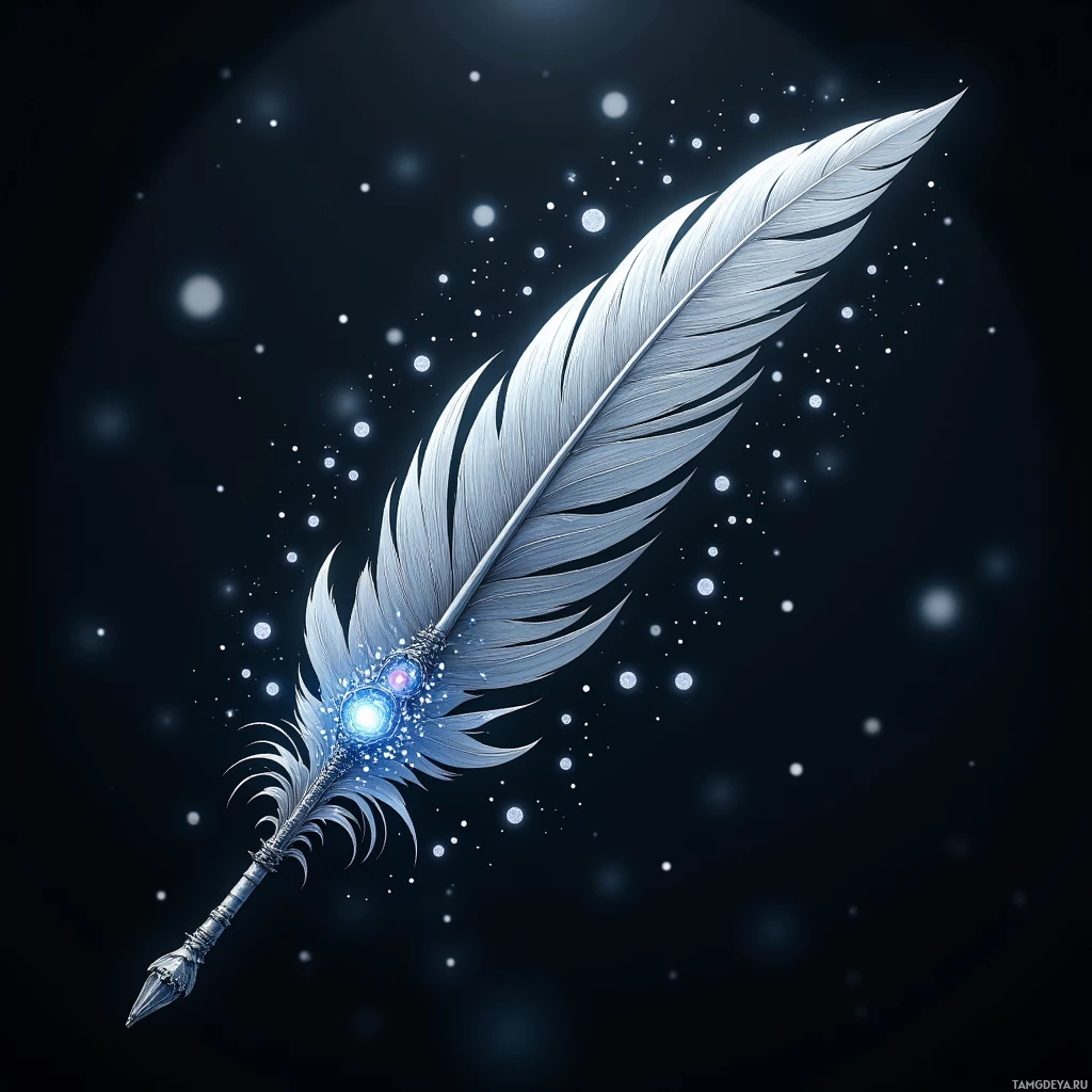 Светящееся, неземное перо на фоне звёздного неба.