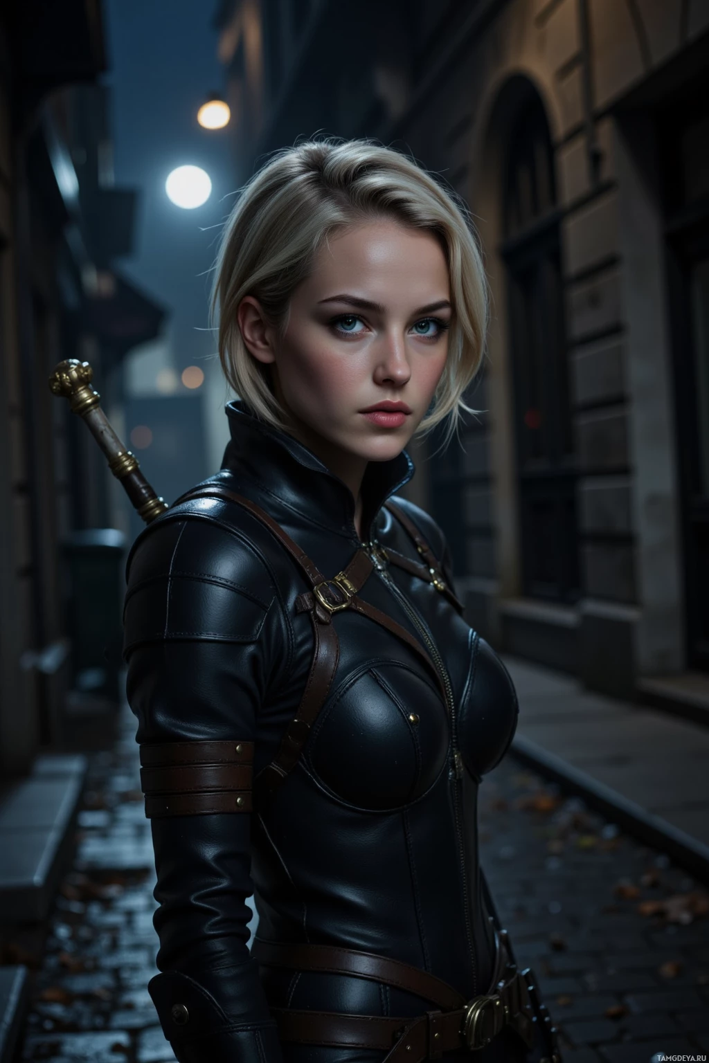 Женщина в кожаной одежде стоит на мощёной улице ночью.