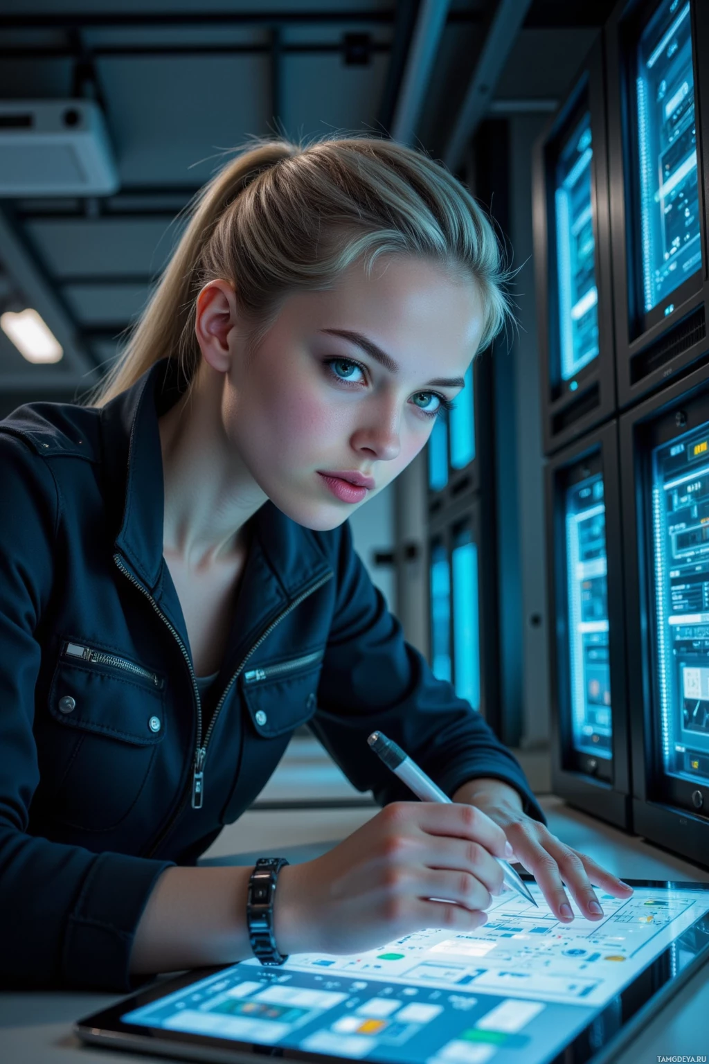 Человек в темной куртке наклонился вперед, работая с футуристическим планшетом в ультрасовременной обстановке.