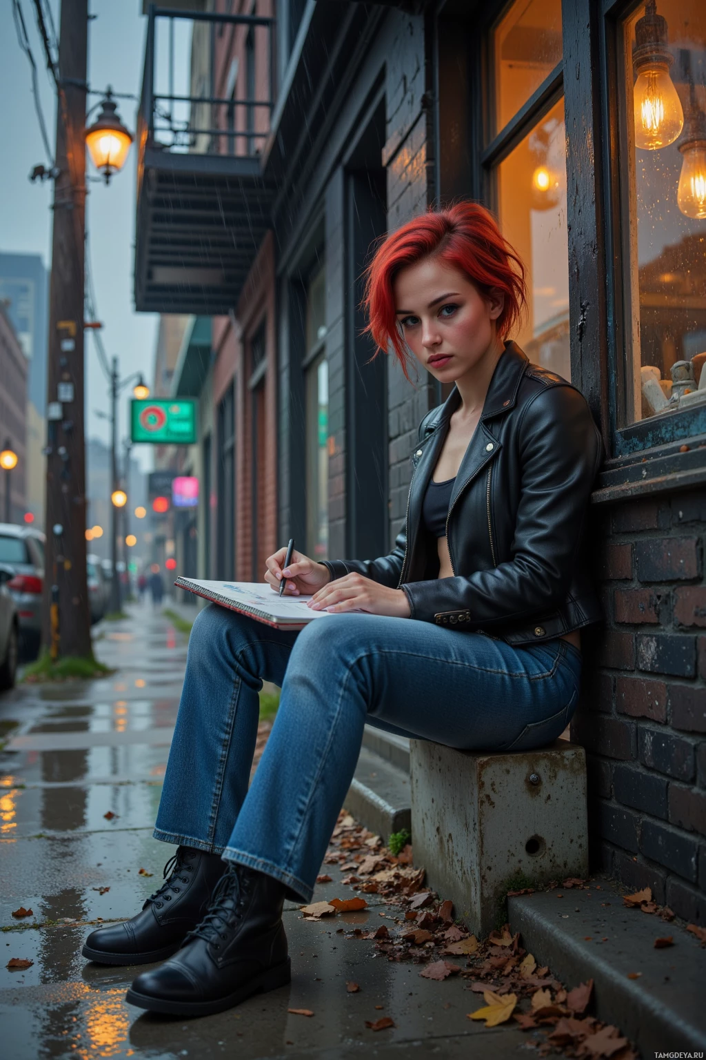 Человек с рыжими волосами сидит на бетонном блоке, одетый в черную кожаную куртку и джинсы, с блокнотом и ручкой в руках, на заднем плане – мокрый от дождя городской пейзаж.