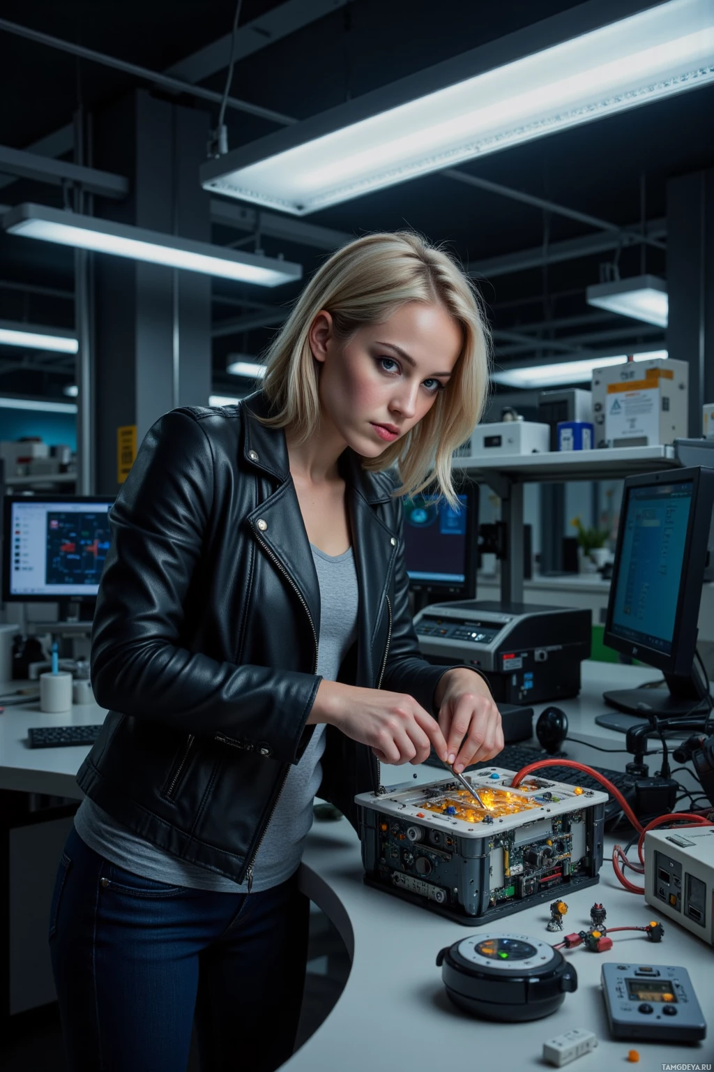 В лаборатории человек работает с электронным оборудованием.
