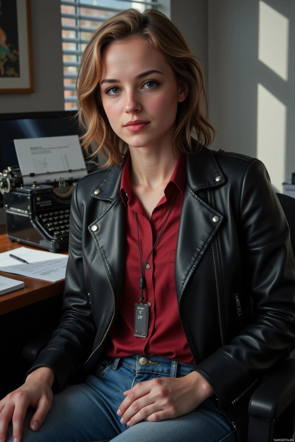 В красной рубашке и черной кожаной куртке женщина сидит в офицерском кресле, на заднем плане – пишущая машинка и бумаги.
