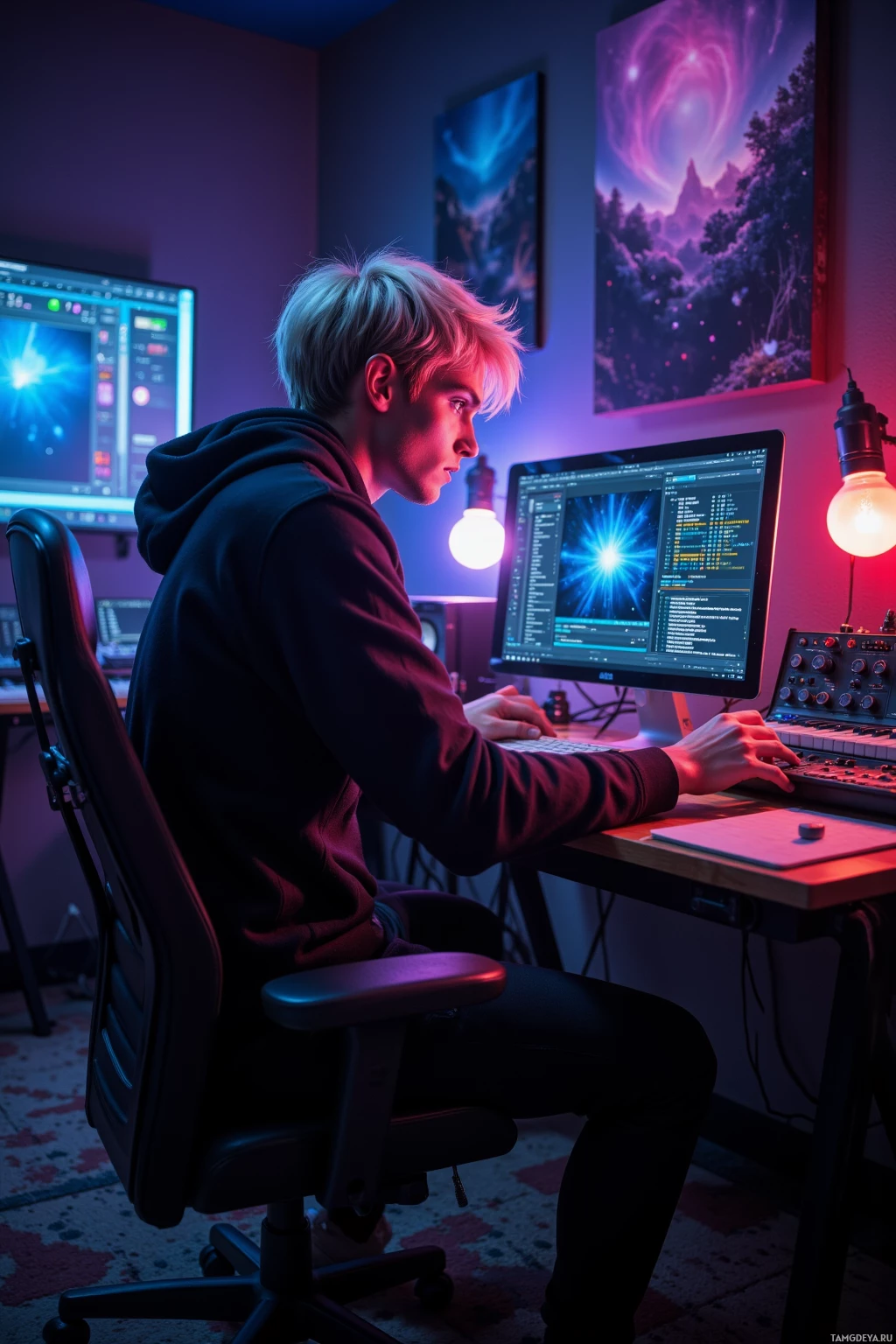 Человек сидит за столом в полумраке, работая за компьютером с красочной подсветкой.