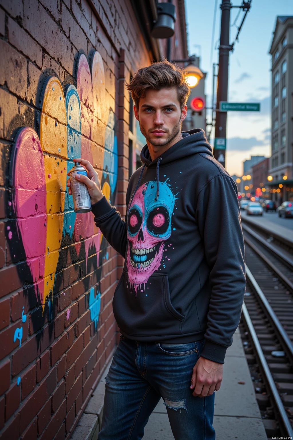 Человек стоит рядом со стеной из кирпича, покрытой граффити, держа в руках баллончик с краской.