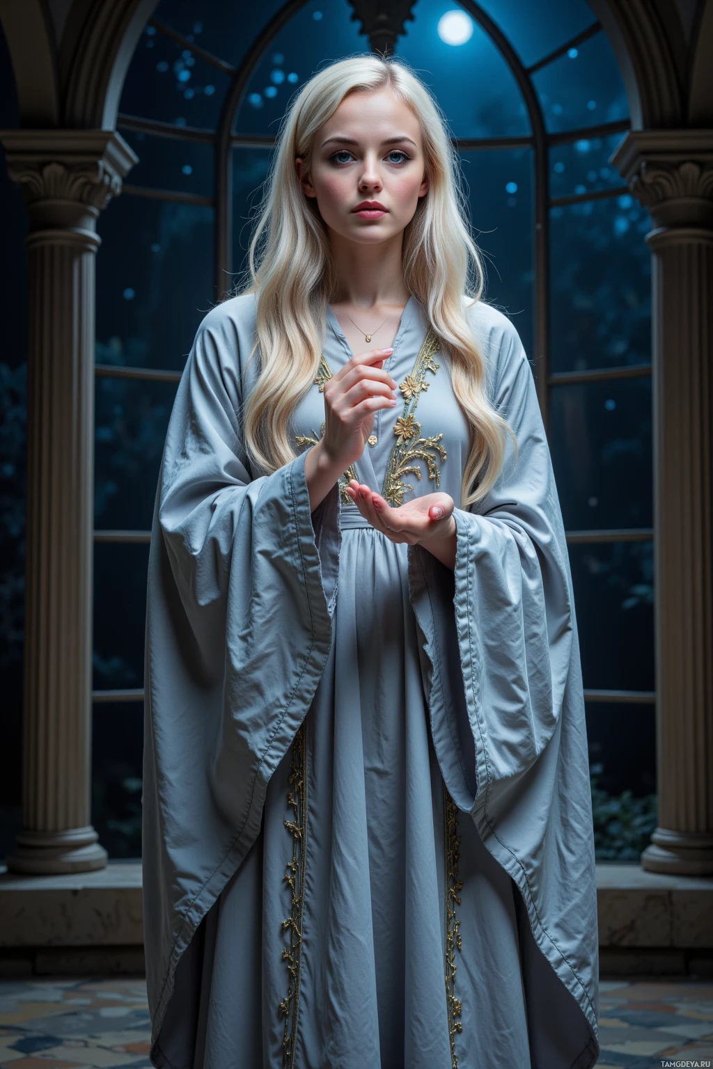 В полумраке богато украшенной комнаты стоит женщина в струящемся сером халате с золотой вышивкой.