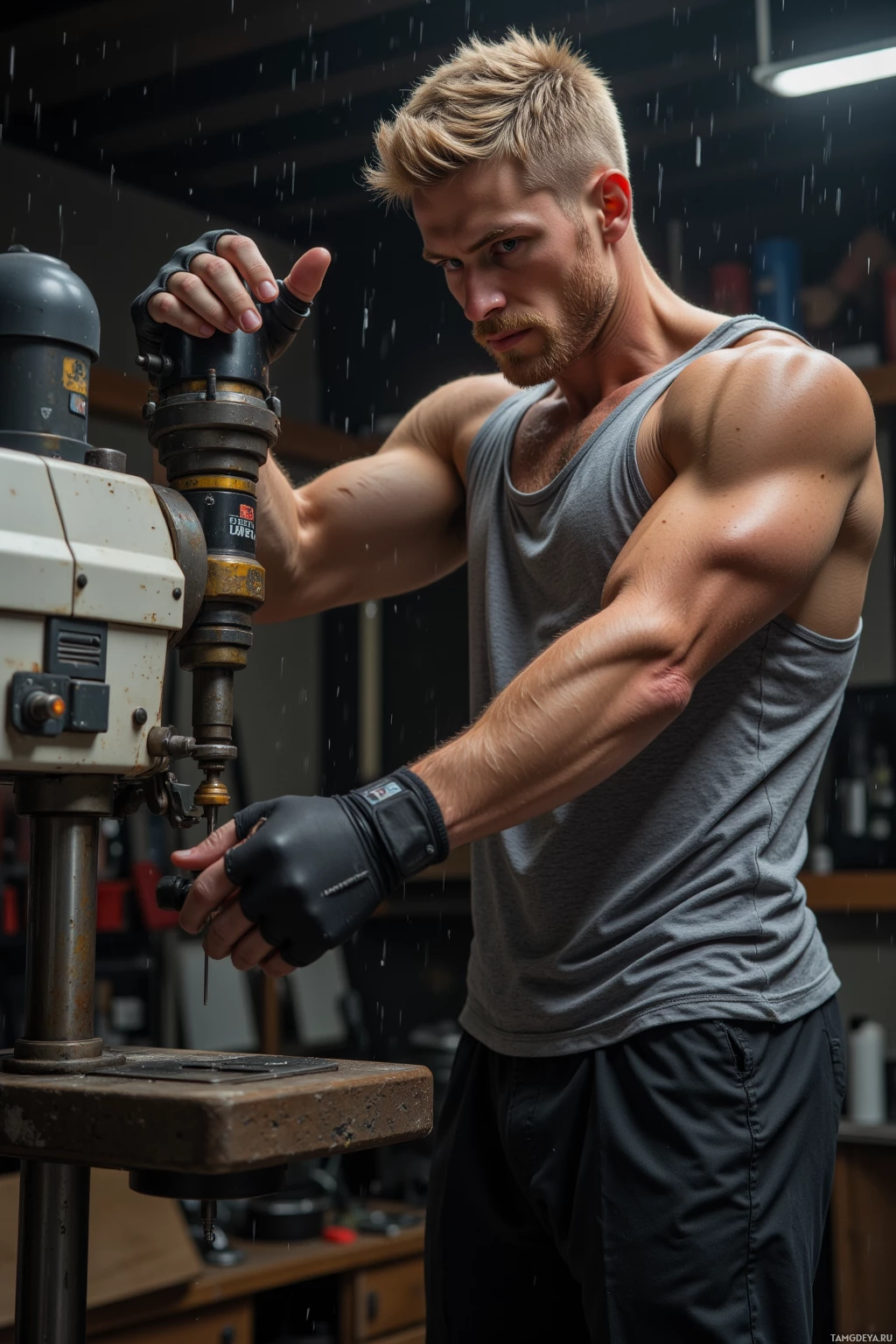 Мускулистый мужчина в серой майке и чёрных перчатках работает на сверлильном станке в мастерской.