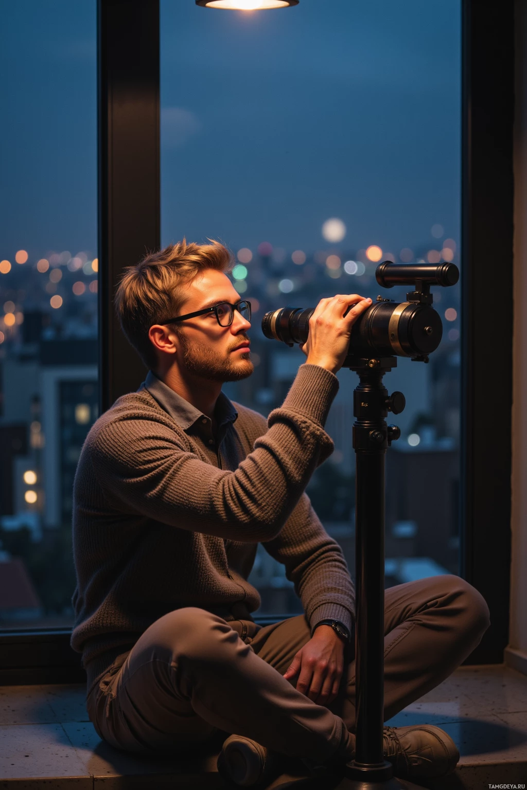 Мужчина сидит у окна ночью и смотрит в телескоп.
