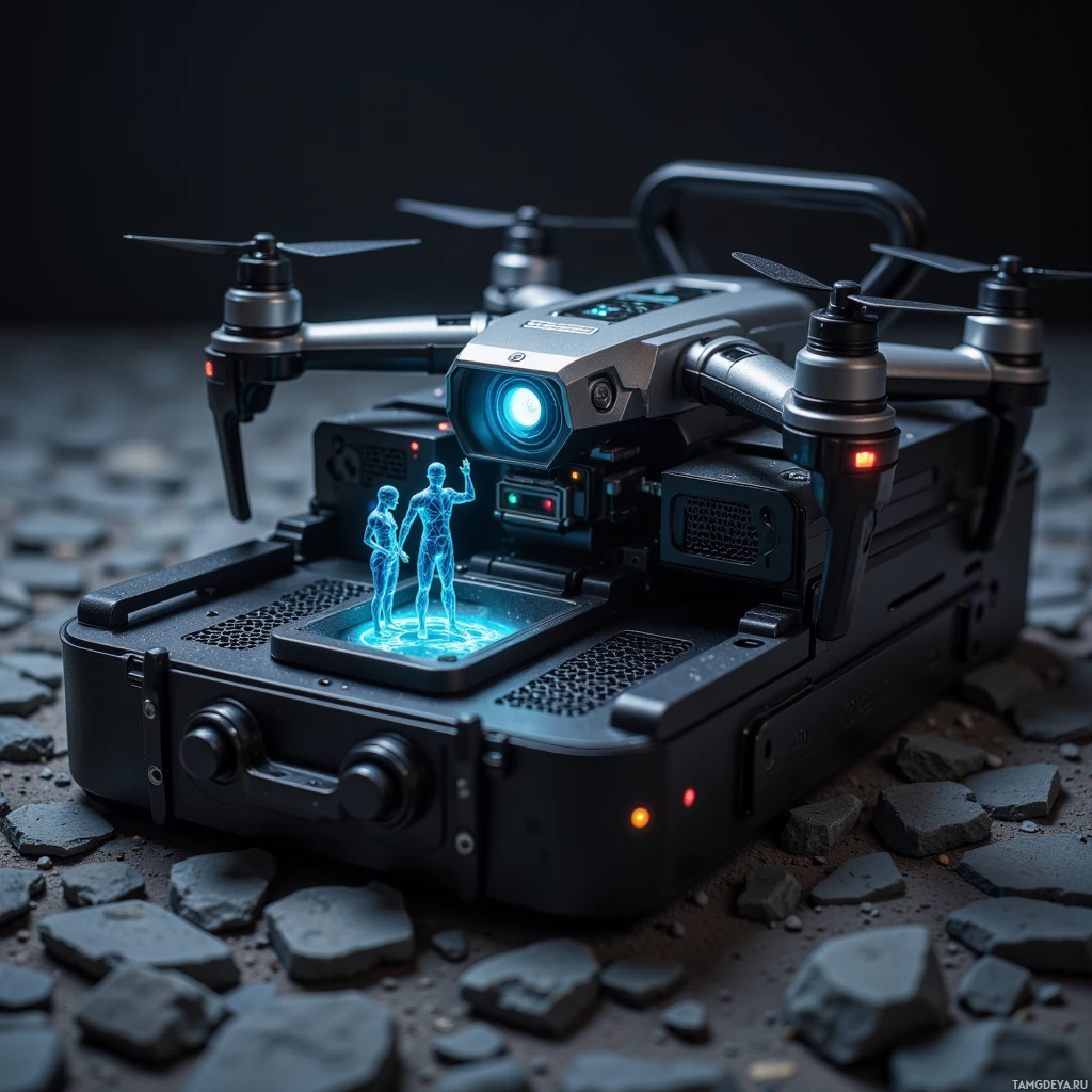 Футуристический дрон с голубой подсветкой и голографическим изображением двух силуэтов людей.