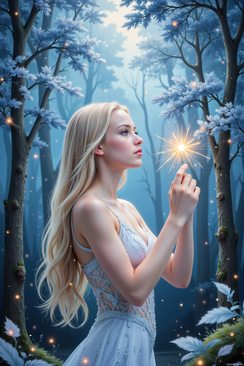 В спокойном лесном пейзаже женщина в нежном платье держит светящуюся хлопушку.