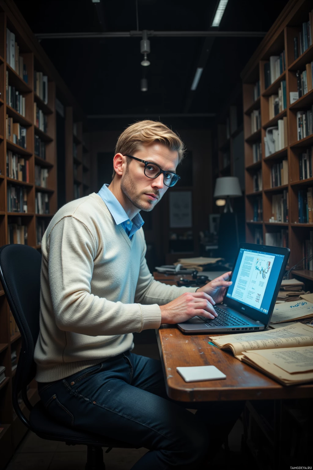 Мужчина работает за ноутбуком на столе в библиотеке, окруженный книжными полками.