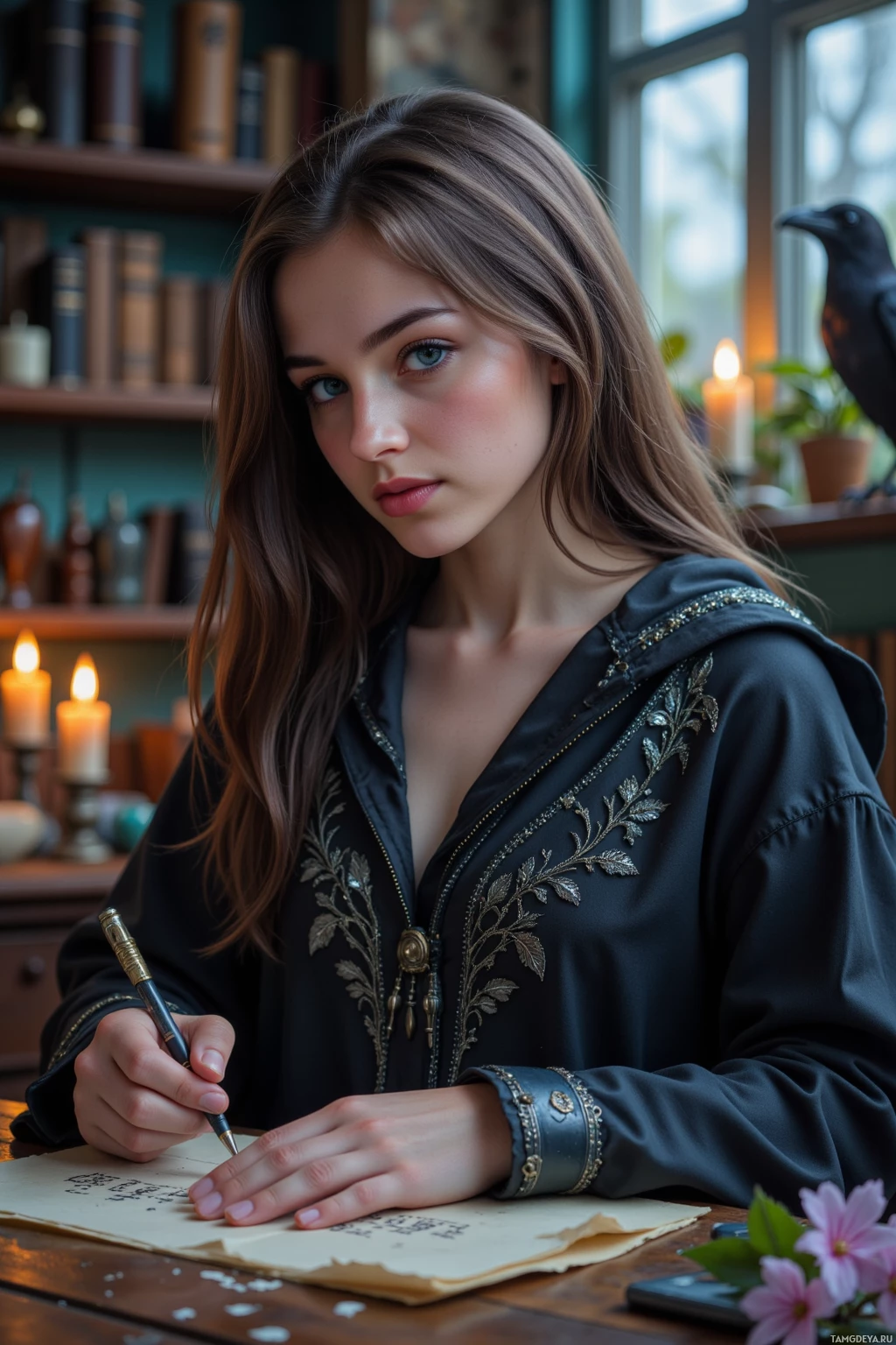 В тёмном вышитом халате женщина пишет на пергаменте в комнате, освещённой свечами, среди книг.