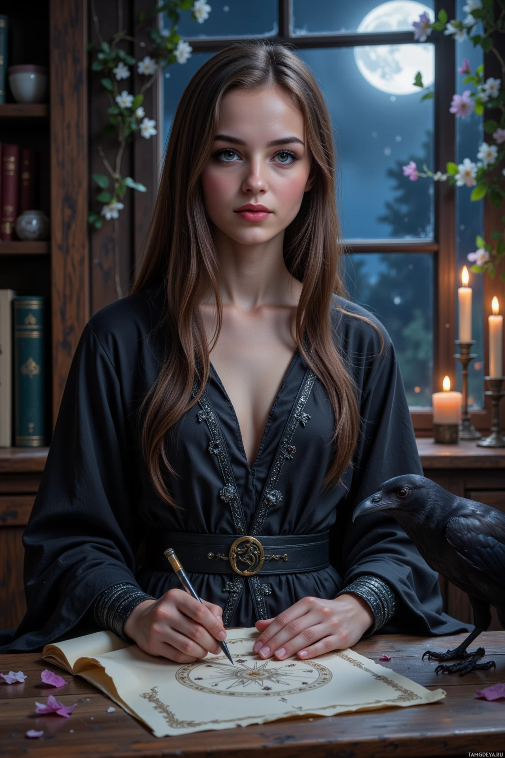 В тёмном одеянии женщина сидит за столом и пишет пером в книге, а неподалёку примостился ворон.