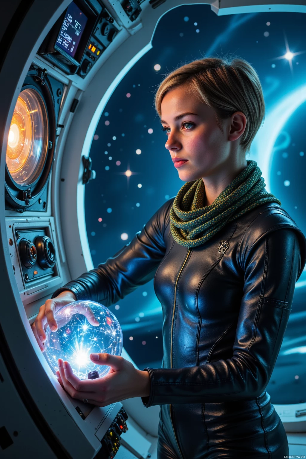 Realistic high quality photo. Female scientist with short spiky light brown hair, green eyes, shimmering iridescent scarf, sleek futuristic jumpsuit with glowing sleeve bands, stands in a dim orbital lab coaxing a dead star into a lullaby with a quantum resonator, holographic glitchy rune patterns swirling around her, a broken analog metronome ticking beside her, faint star glow in the background.