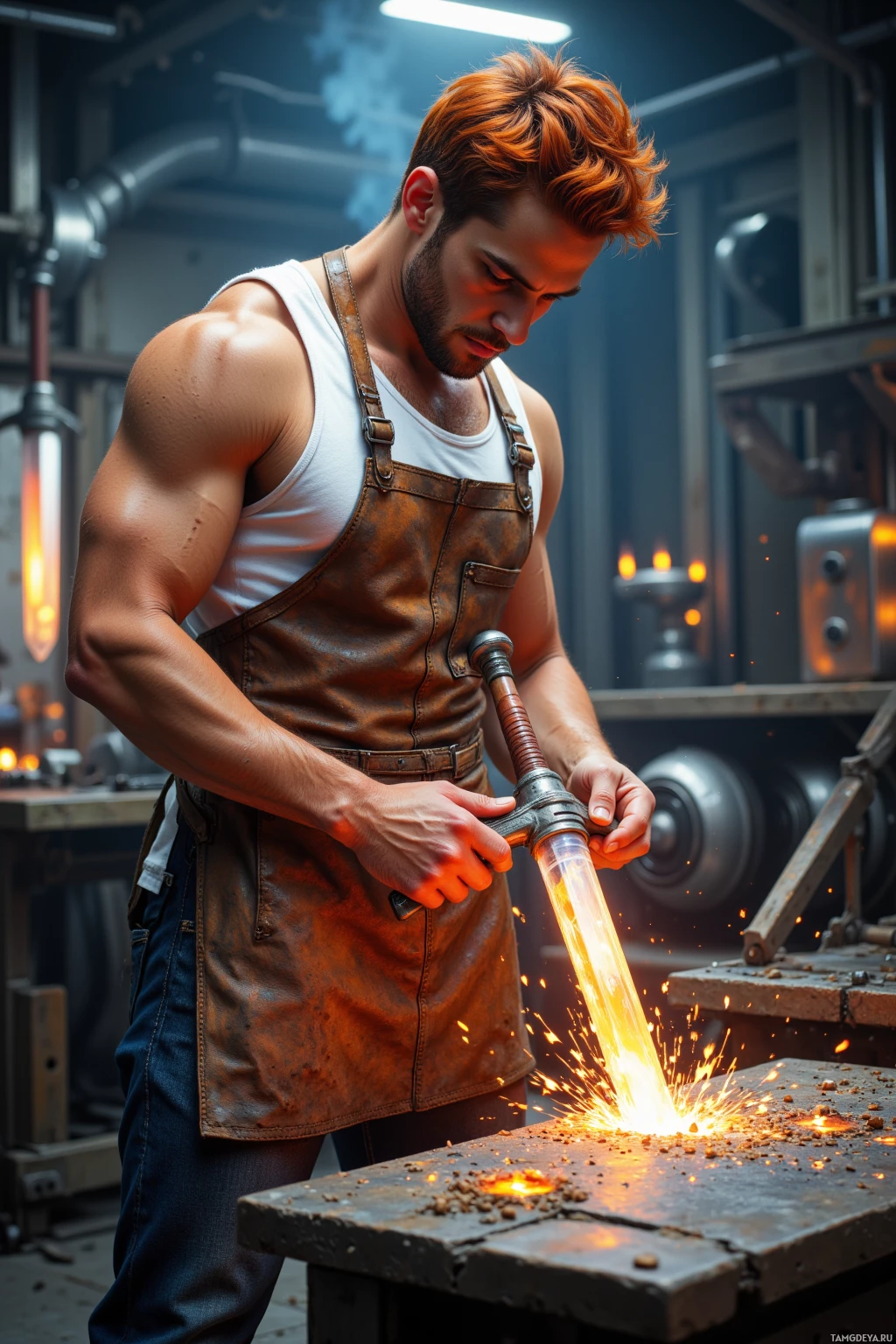 В мастерской мужчина использует сварочный аппарат, от которого разлетаются искры на металле.