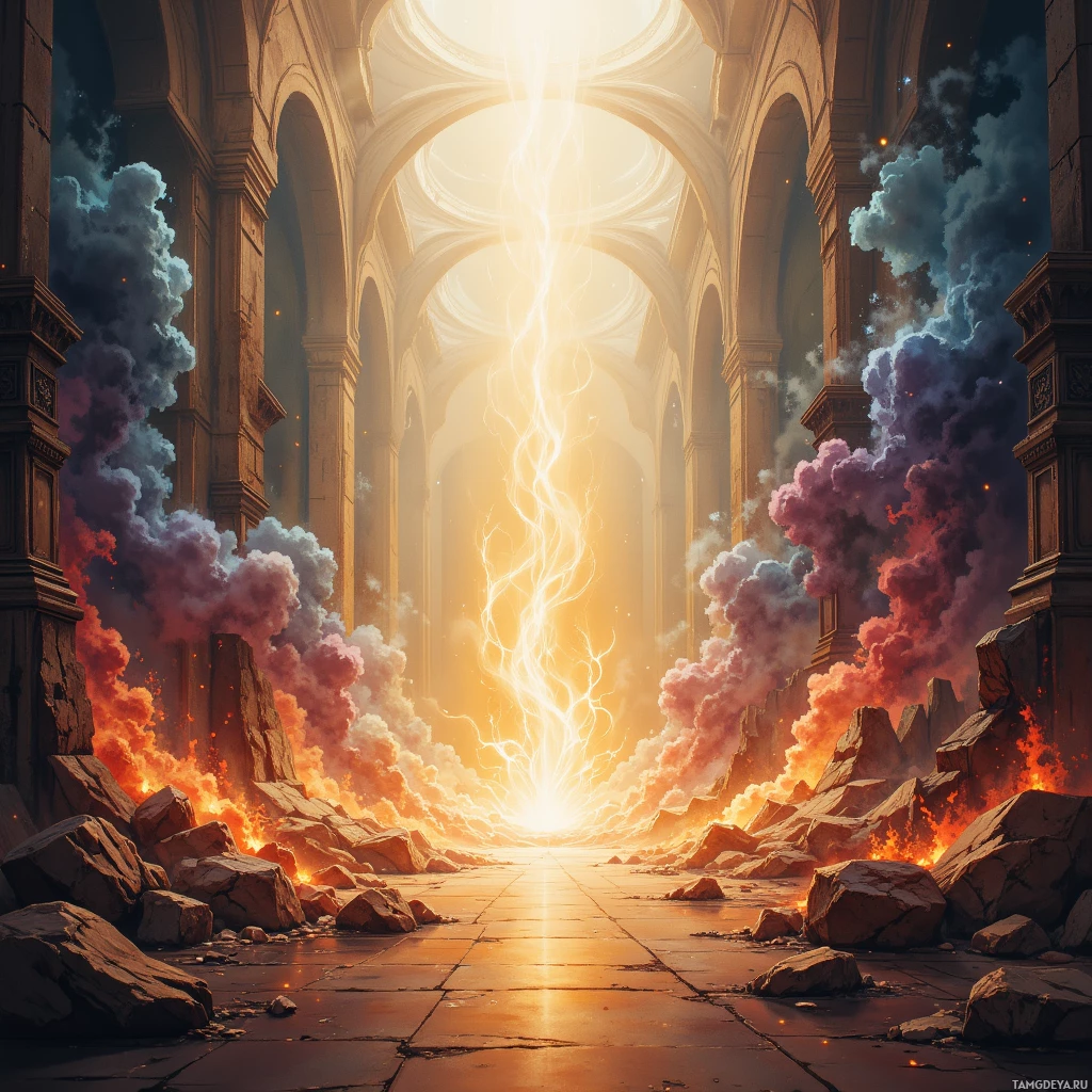 Величественный, древний зал с разрушенным каменным полом и ярким, сияющим светом в конце.