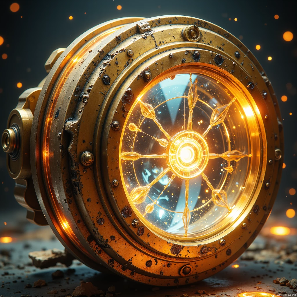 Сияющее, сложное круглое устройство с золотой оправой и светящимся узором в центре.