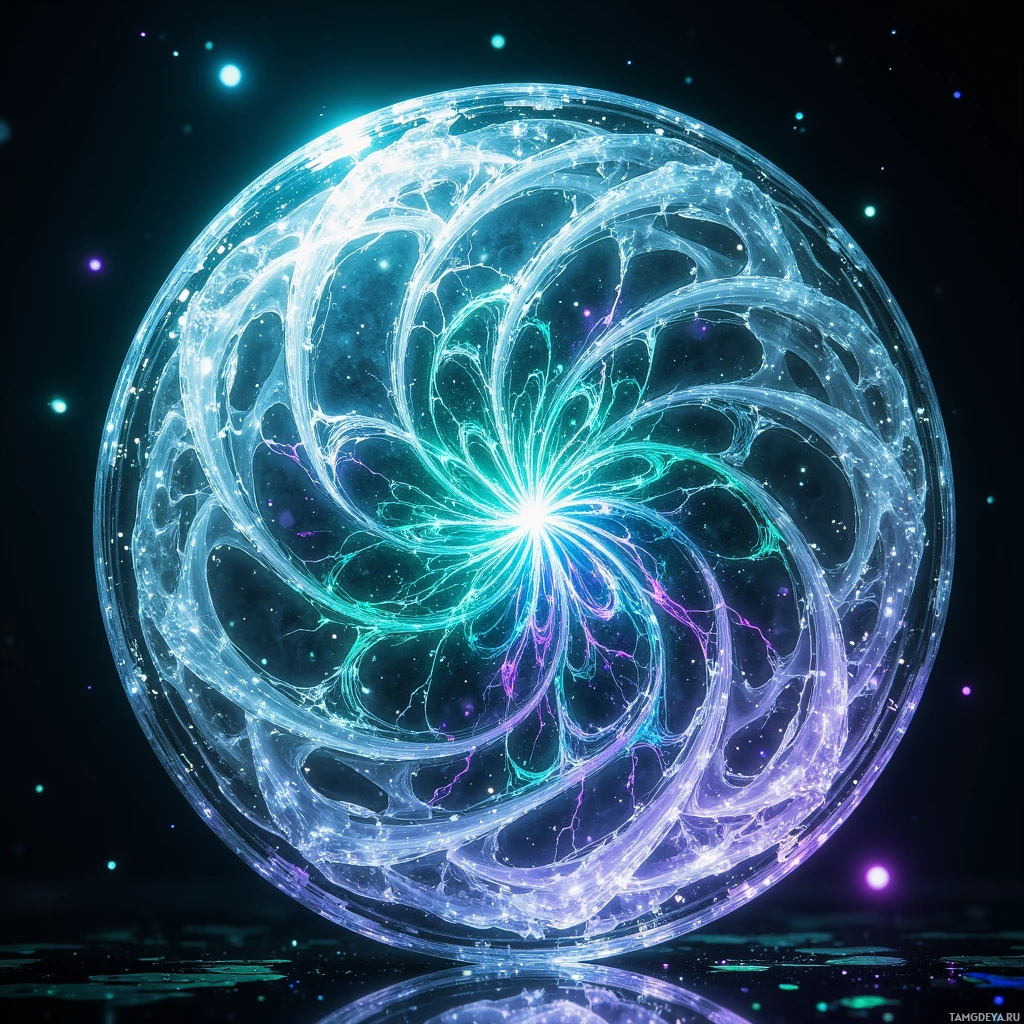 Светящийся, замысловатый и симметричный узор, напоминающий космический или фрактальный дизайн.