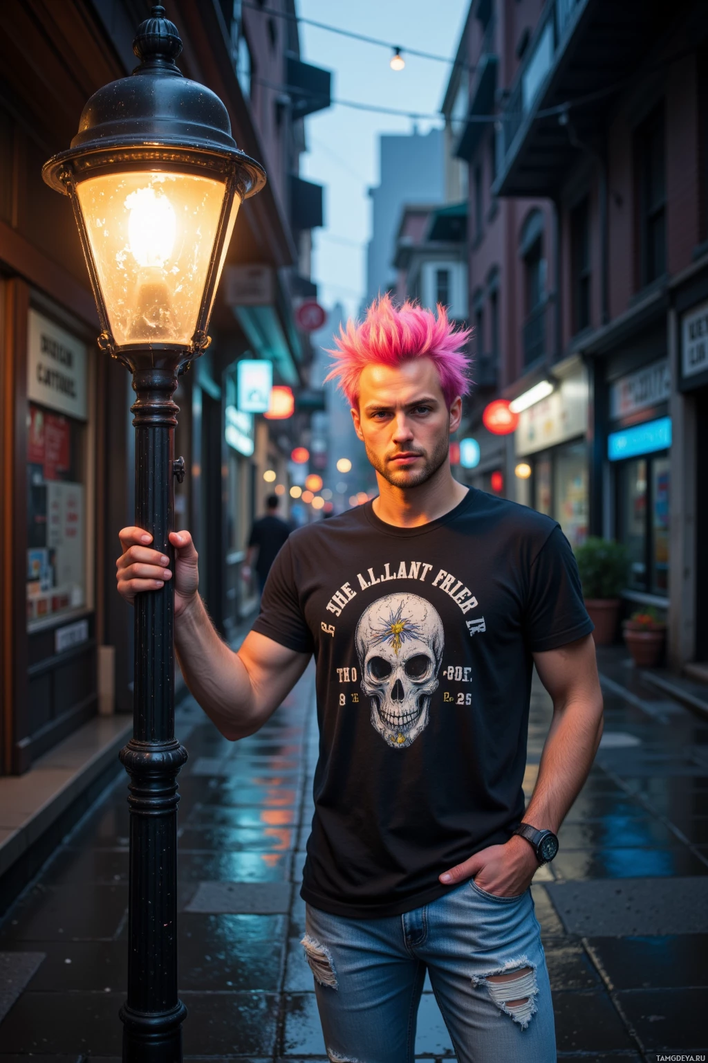 Realistic high quality photo. Man, 26, with bright pink messy pompadour hair, green eyes, wearing a graphic t‑shirt and ripped light denim jeans, stands on a wet concrete street at night, holding a broken streetlamp that flickers into color, in a bustling urban alley.