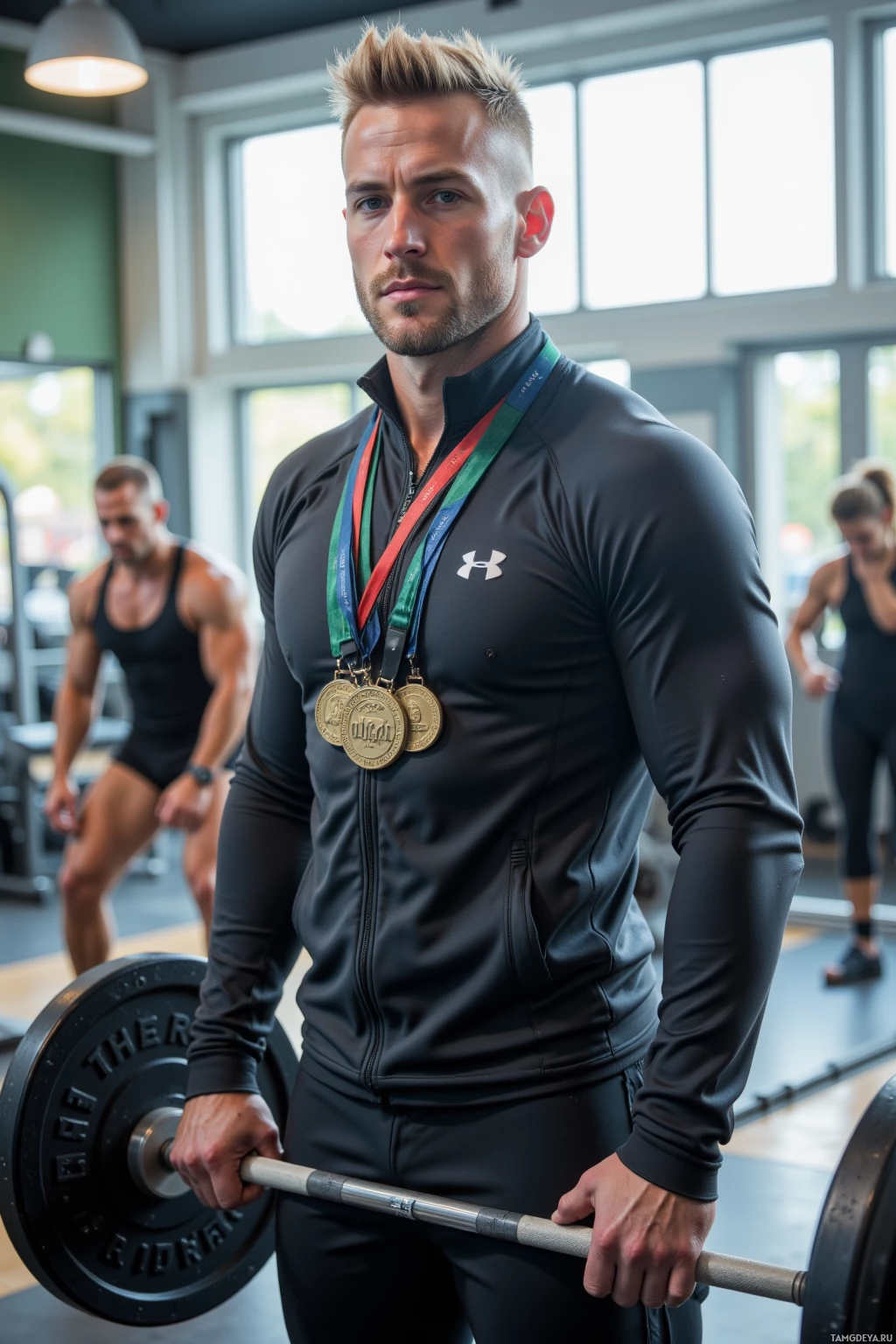 Мускулистый мужчина в спортзале держит штангу, одет в чёрный спортивный костюм и на его шее медали.
