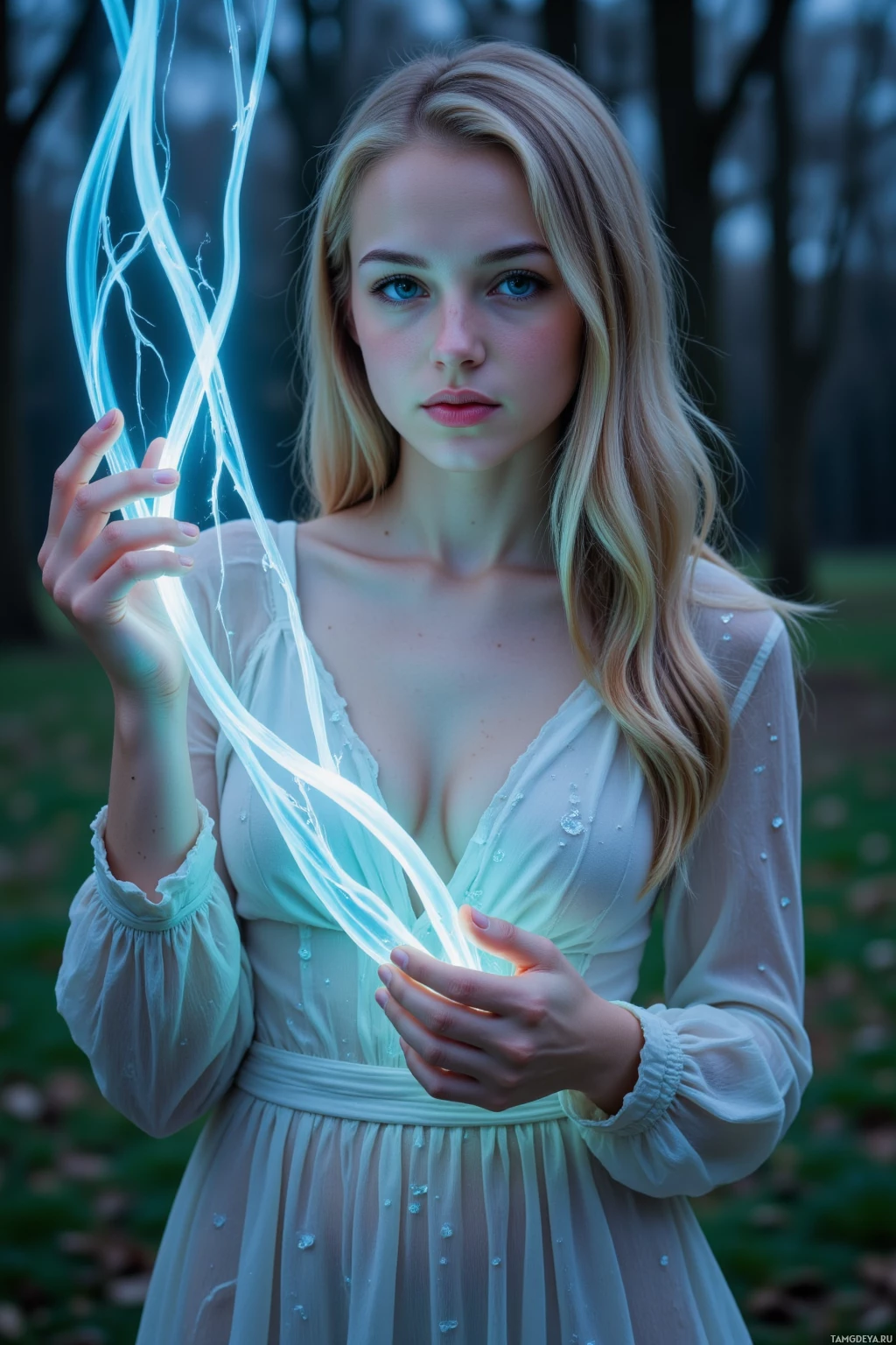 В лесу женщина в светлом платье держит в руках светящиеся нити.