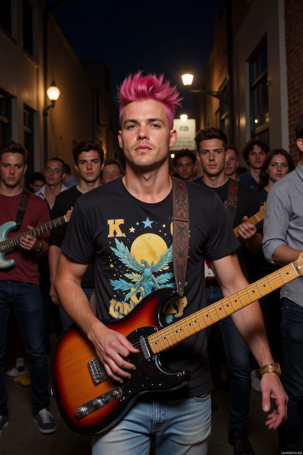Человек с розовыми волосами и гитарой стоит в переулке ночью перед группой людей.