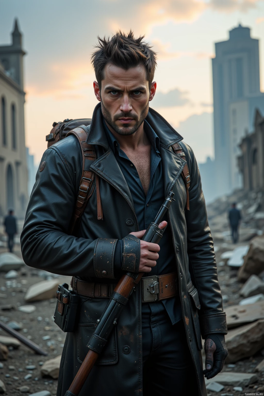 Мужчина в кожаной куртке и перчатках держит винтовку, стоя на фоне безлюдного городского пейзажа.