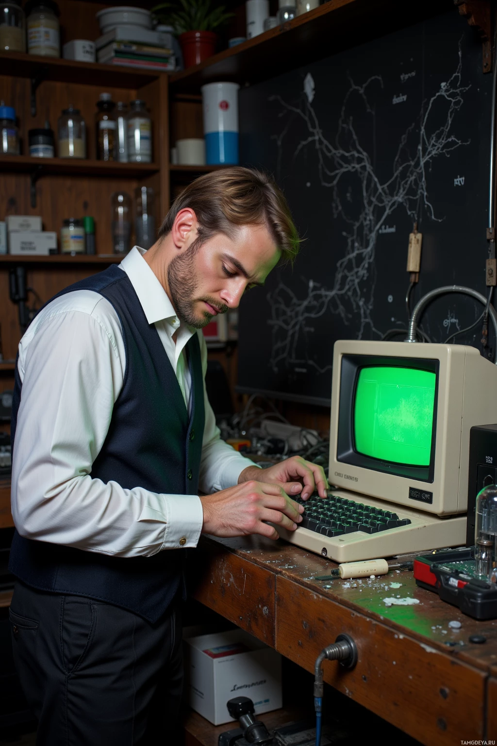 Мужчина работает за старым компьютером в мастерской.