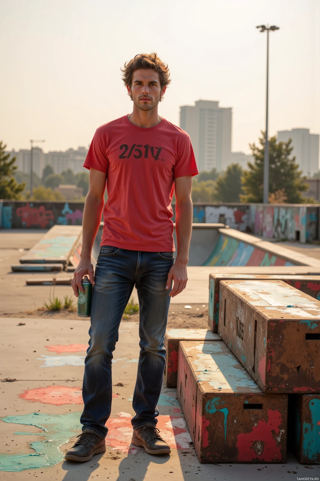 Человек стоит в скейт-парке, одетый в красную футболку и джинсы, и держит в руках банку.
