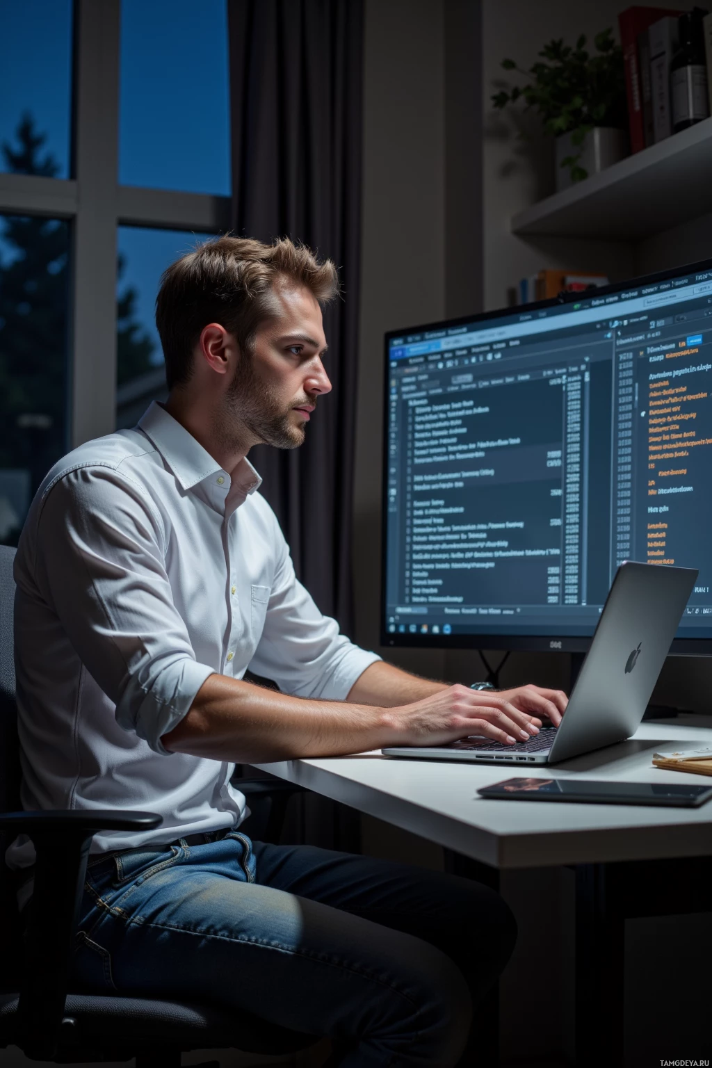 Мужчина работает за столом с ноутбуком и монитором, на котором отображается код.