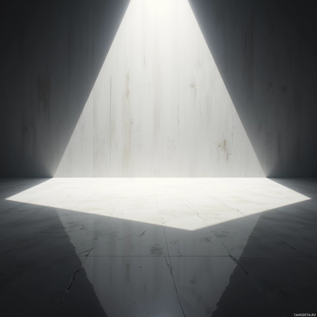 Яркий луч света освещает темную, пустую комнату с бетонными стенами и полом.