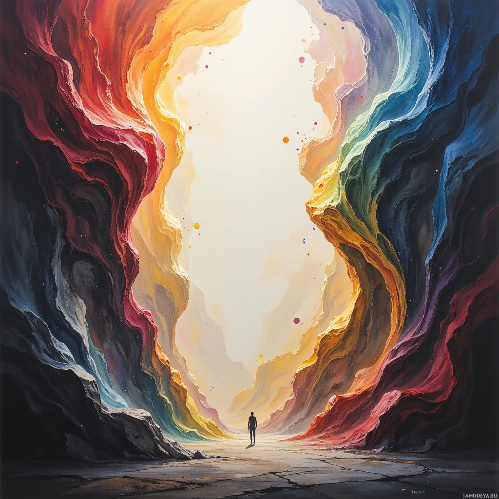 Одинокая фигура стоит у входа в яркую, абстрактную пещерную конструкцию, полную вихрей цвета и света.