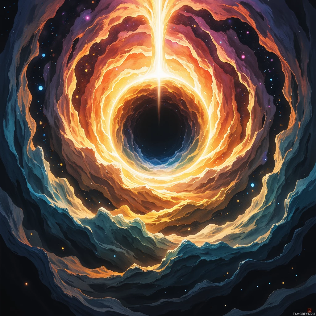 Яркий, закрученный космический вихрь, переливающийся оранжевыми и жёлтыми оттенками на фоне тёмного, звёздного неба.