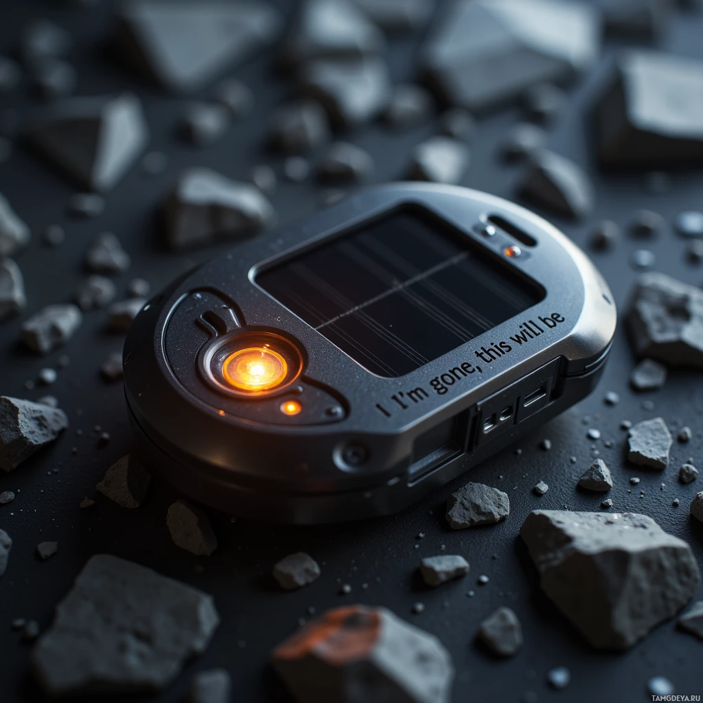 Небольшое металлическое устройство с ярким оранжевым светом и надписью на корпусе, окруженное камнями.