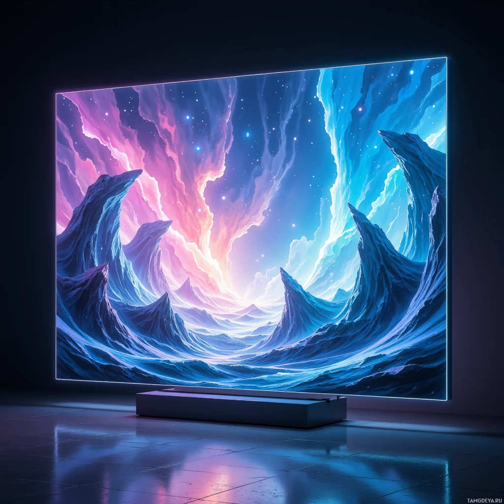 Большой подсвеченный дисплей демонстрирует яркий, космический пейзаж с завихряющимися облаками и звездами.