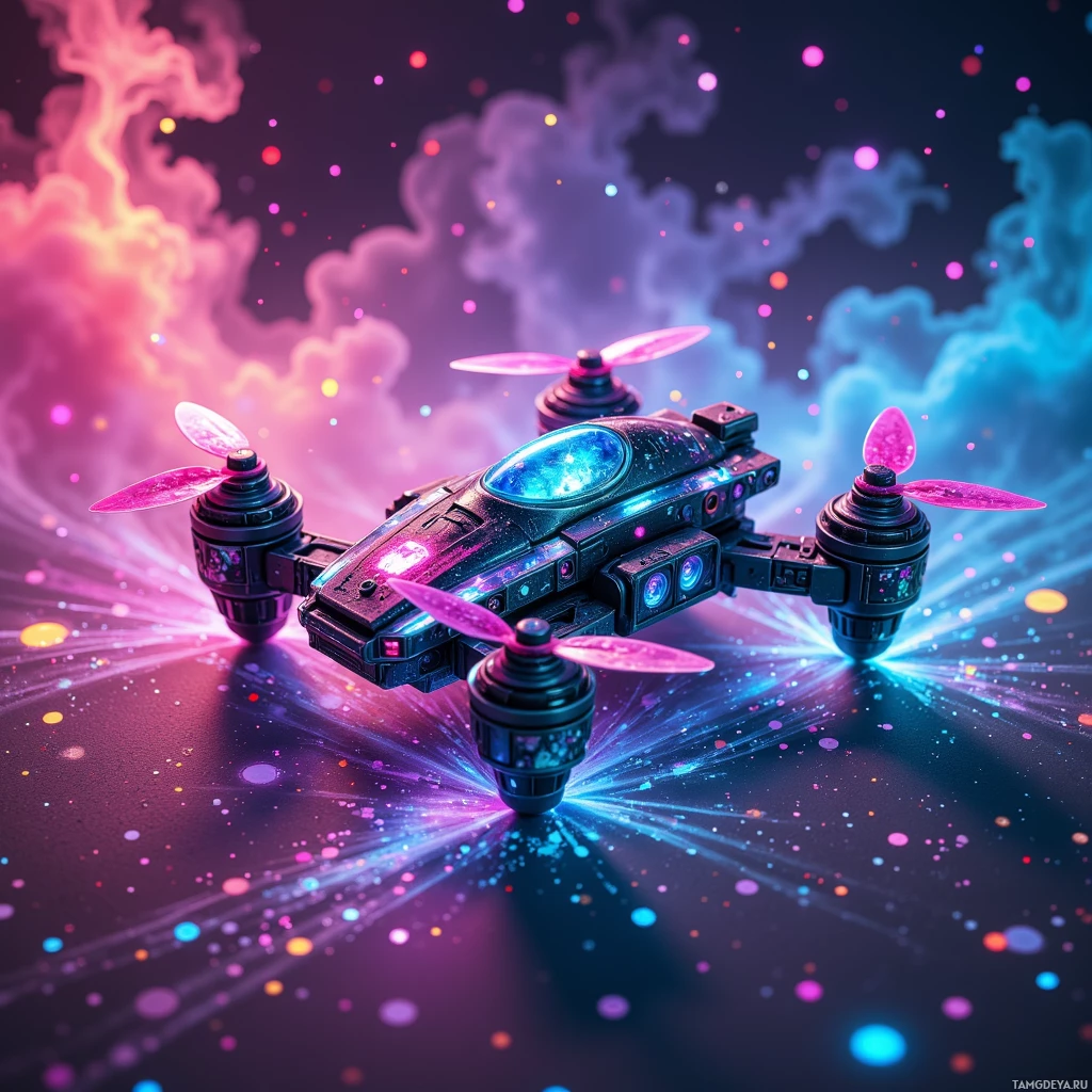 Semi-abstract image with many light, that is suitable for the post:  Pocket-sized graffiti drone with a lightweight carbon‑fiber frame, integrated spray can and beat machine, a confetti cannon in its belly, a paint tank that morphs from neon pink to electric blue, and translucent panels adorned with vibrant street‑art decals.