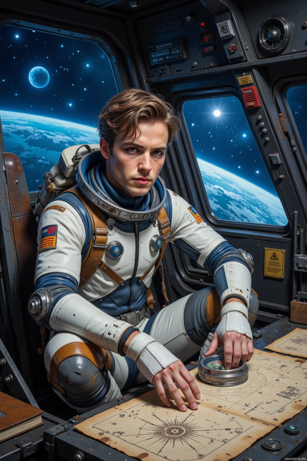 Человек в скафандре сидит внутри космического корабля, изучая карту и компас.