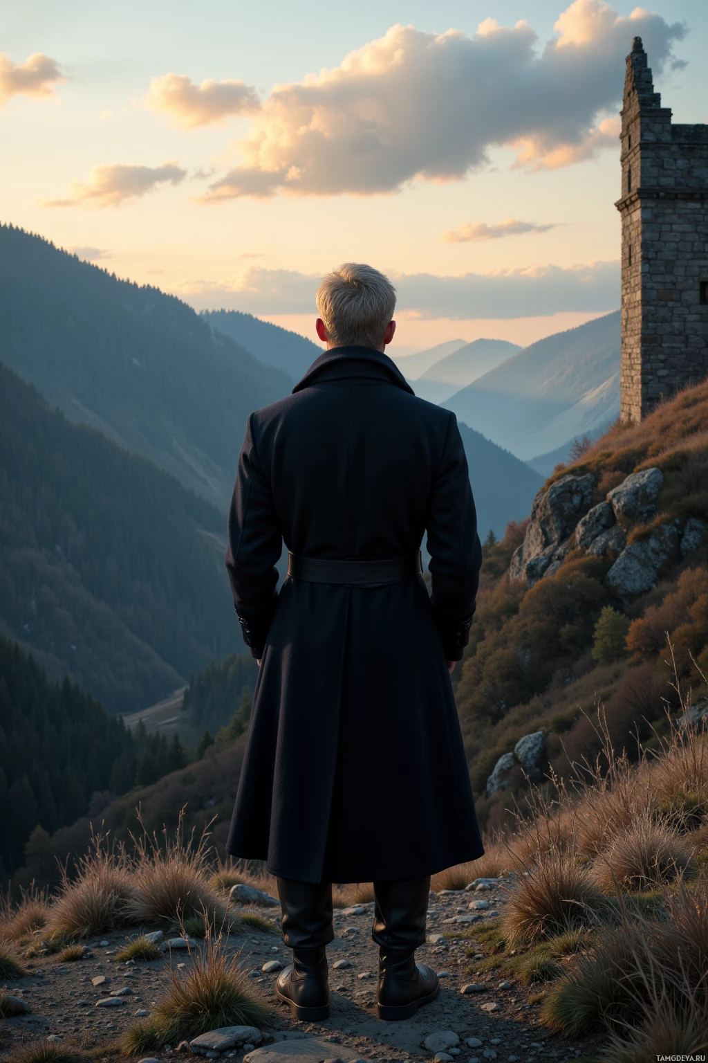 Человек в темном пальто стоит на каменистой тропинке, откуда открывается вид на горный пейзаж на закате.
