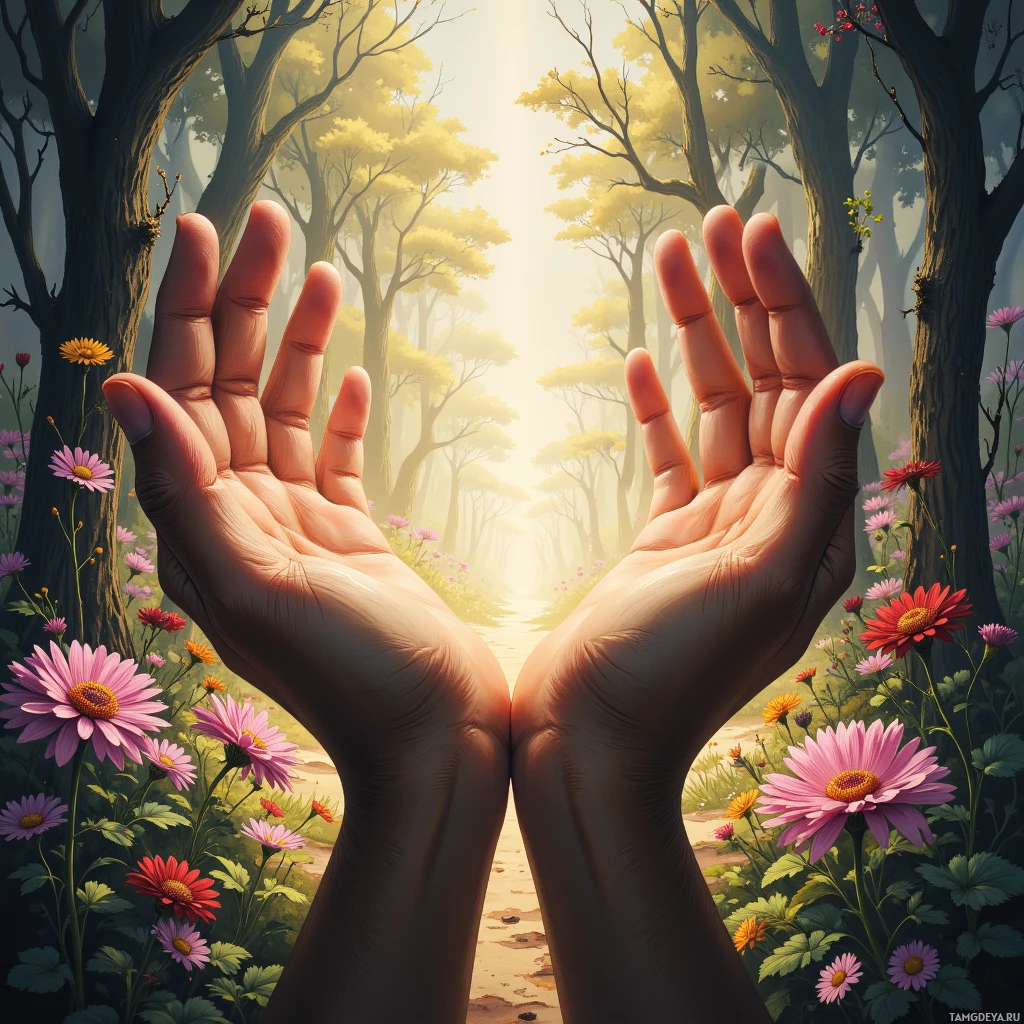 Semi-abstract image with many empty light space at center of beautiful background, that is suitable for the post:  My hands, tired but hopeful, plant kindness in barren gardens of strangers' shadows.