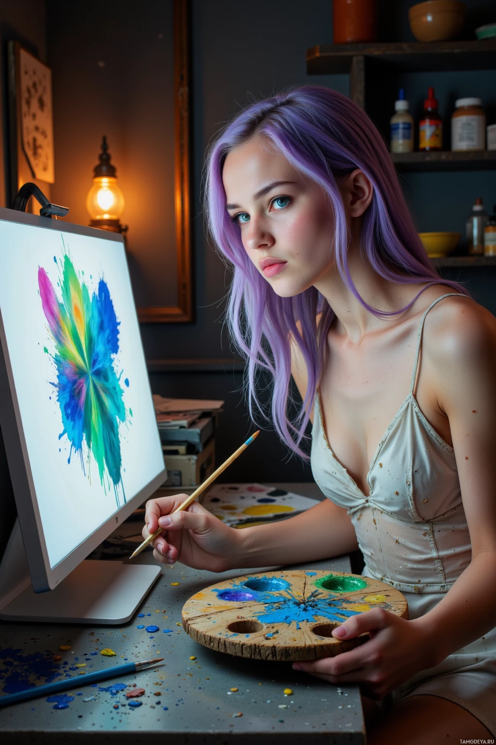 Realistic high quality photo. Female digital artist, 27, with flowing violet hair, bright green eyes, porcelain skin, wearing a translucent crystalline dress, sits in a dim studio, a glowing computer screen splattered with asymmetrical paint, beside her a cracked wooden palette spilling rusted cobalt pigment, dusty shelves of old paint tubes, she holds a brush, whispering to the colors, expression frustrated, warm amber lighting from a desk lamp.
