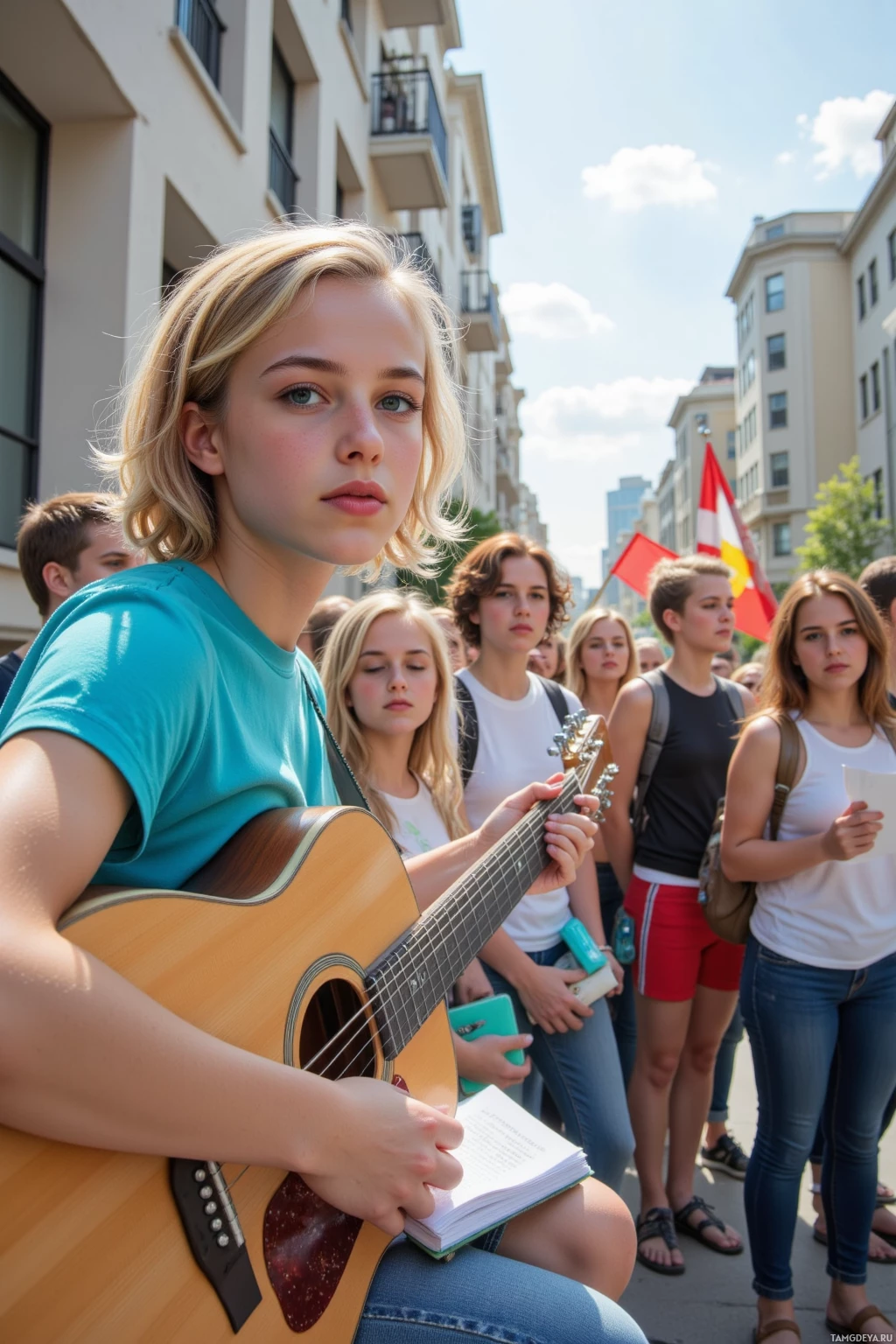 Realistic high quality photo. A bubbly 19‑year‑old blonde girl with curly hair and bright blue eyes, wearing a blue t‑shirt and high‑waisted jeans, strums a guitar on a sunlit balcony while a crowd of activists holding bike‑lane banners sing along, as she scribbles fresh verses in a notebook, surrounded by city apartment buildings and a clear sky.
