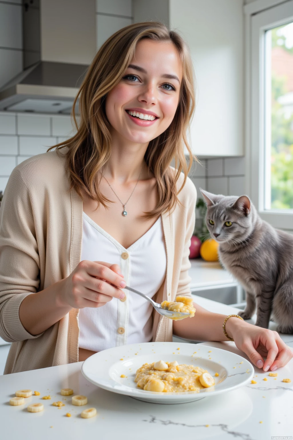 Realistic high quality photo. A 26-year-old woman with medium-length light brown wavy hair and warm blue eyes, wearing a beige cardigan over a white blouse, simple trousers, and a statement necklace, laughing while holding a spoon at a kitchen counter where a banana‑quinoa mash spills onto a cracked white plate with crumbs scattered, a gray domestic cat perched on the counter judging the mess, natural morning light filtering through a window, modern kitchen appliances in view.