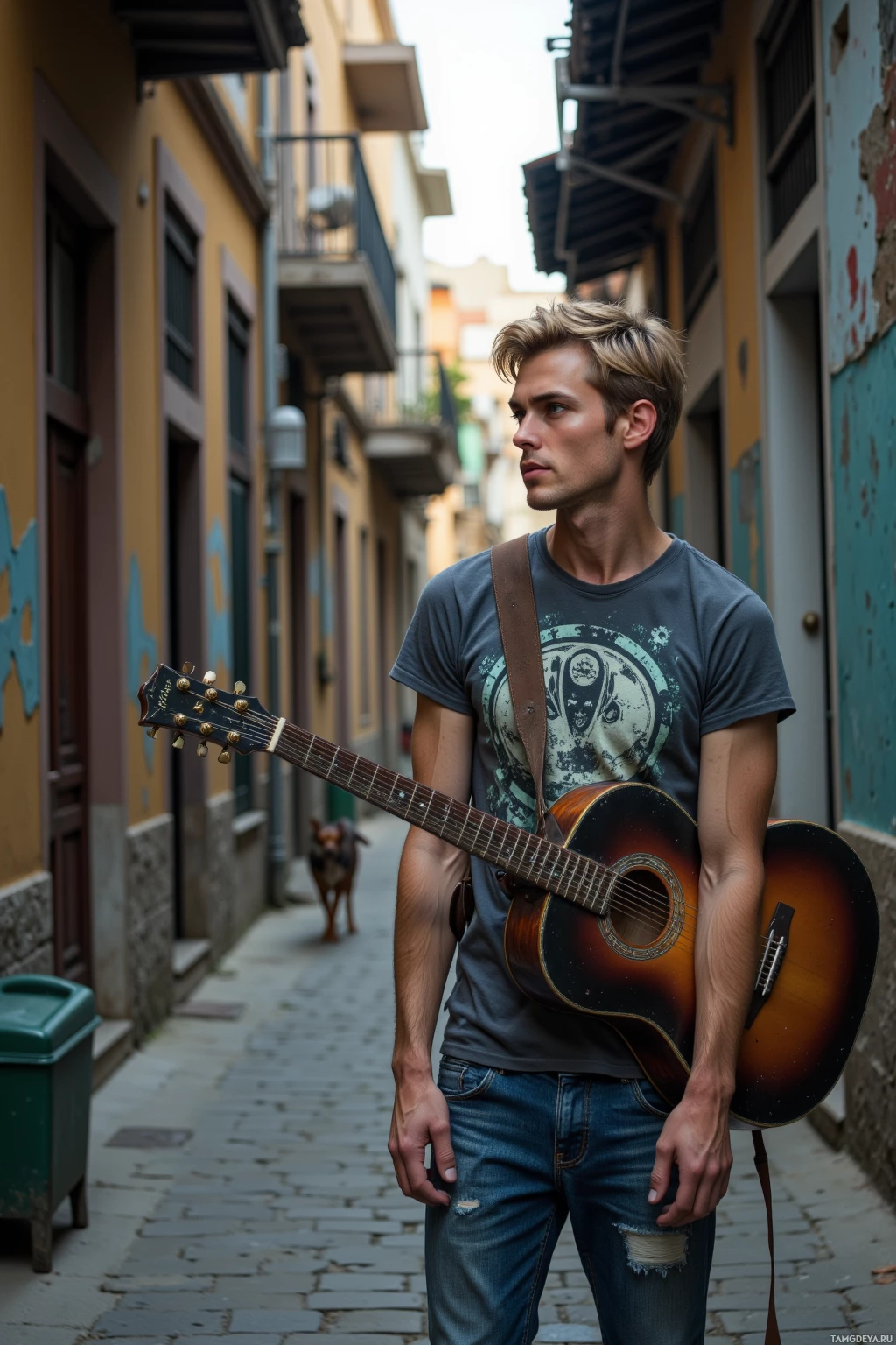 Realistic high quality photo. A 28‑year‑old man with short light blonde hair, deep blue eyes, pale skin, wearing a faded band t‑shirt and worn jeans, stands in a quiet back alley of an old district at evening, holding a battered acoustic guitar against his chest, staring at chipped paint walls while a stray dog walks nearby, with the distant hum of traffic echoing around him.