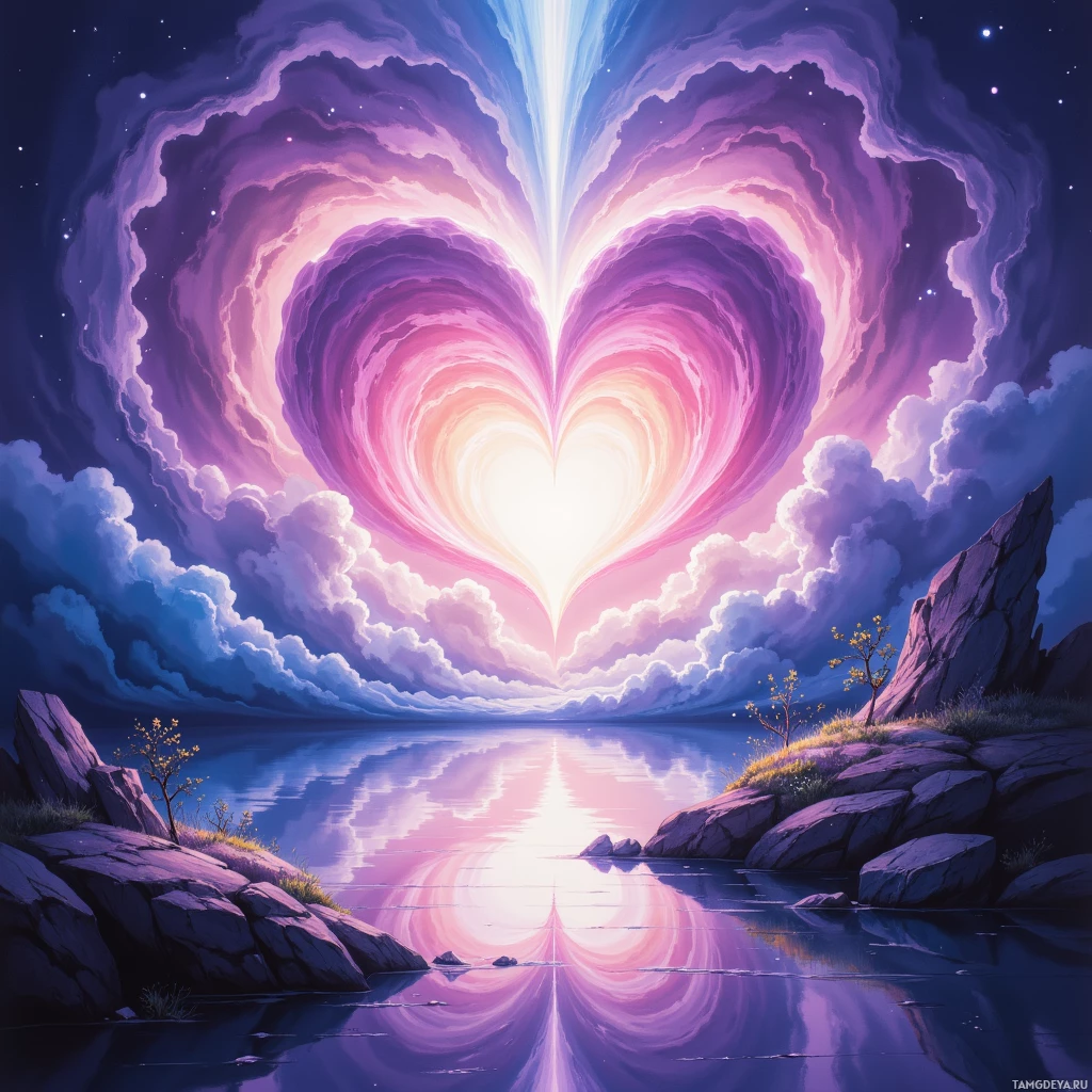 Яркая облачная форма в виде сердца возвышается над спокойным пейзажем с камнями и тихой гладью воды.