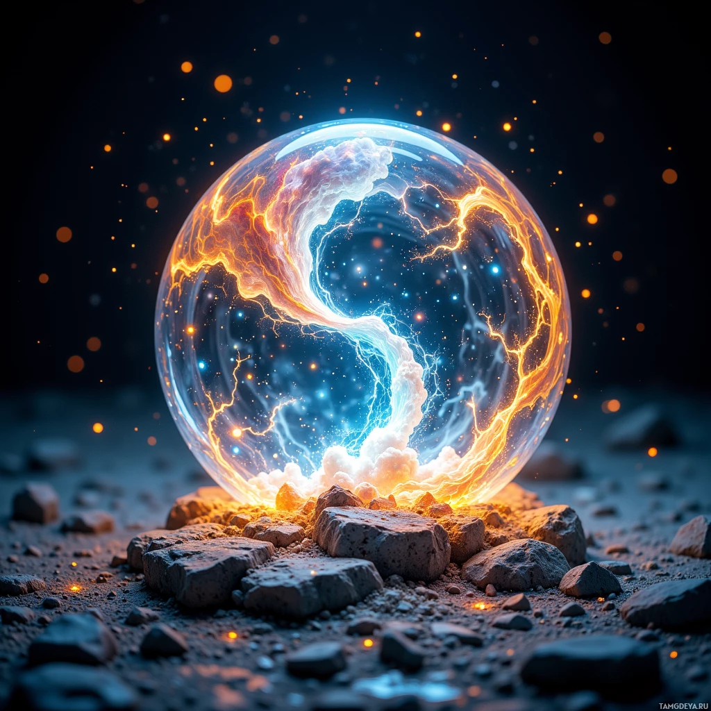 Светящаяся, электрическая сфера покоится на каменистой почве, излучая яркий свет и энергию.