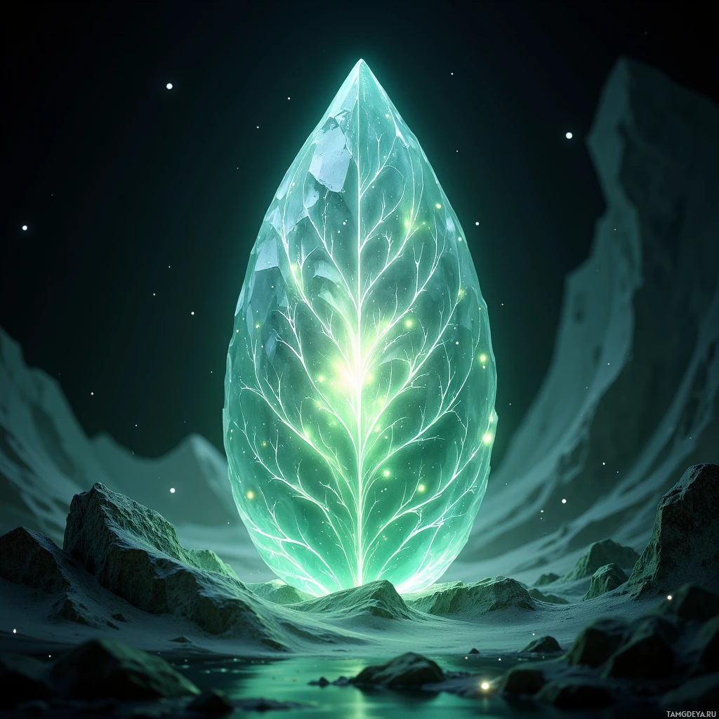 Среди темного, усыпанного звездами пейзажа возвышается светящаяся, неземная кристаллическим образованием.